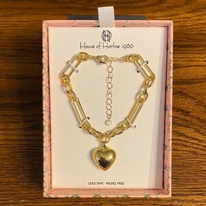 House of Harlow 1960 Gold Chunky Chain Link Heart Charm Bracelet NWT Gift Box